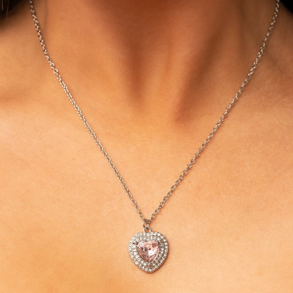 Paparazzi Pink and Silver Heart Necklace with Sparkling Gemstones